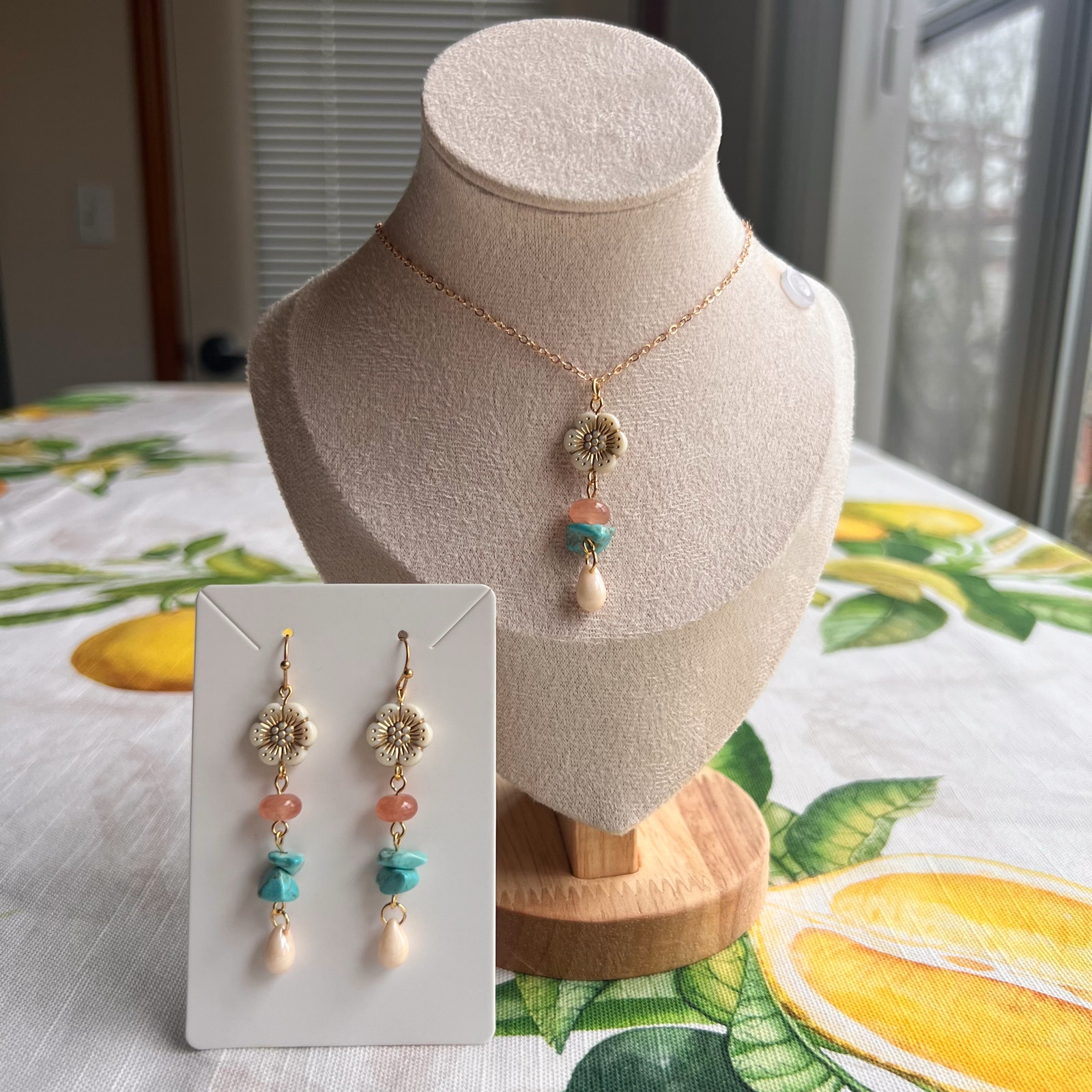 Floral Flower Pink Cherry Quartz Turquoise Beige Czech Glass Casual Jewelry Set